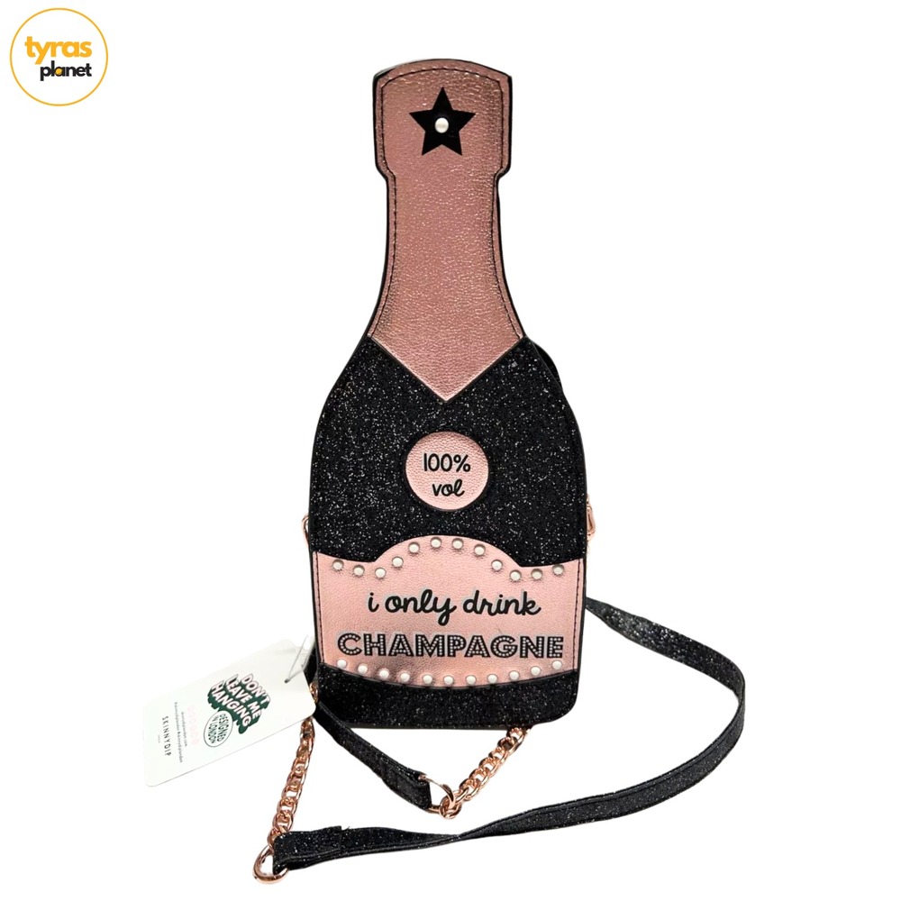 Skinnydip Champagne Bottle I Only Drink Champagne Crossbody Bag Black Rose Gold